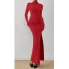 imageBTFBM Womens Formal Dresses 2025 Fall Long Sleeve Mock Neck Ruched Bodycon Slit Maxi Wedding Guest Cocktail DressRed