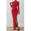 imageBTFBM Womens Formal Dresses 2025 Fall Long Sleeve Mock Neck Ruched Bodycon Slit Maxi Wedding Guest Cocktail DressRed