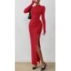 imageBTFBM Womens Formal Dresses 2025 Fall Long Sleeve Mock Neck Ruched Bodycon Slit Maxi Wedding Guest Cocktail DressRed