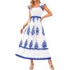 imageBTFBM Summer Dresses for Women 2025 Floral Smocked Boho Sleeveless Square Neck A Line Casual Beach Maxi Dress PocketsWhite Blue
