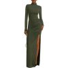imageBTFBM Womens Formal Dresses 2025 Fall Long Sleeve Mock Neck Ruched Bodycon Slit Maxi Wedding Guest Cocktail DressArmy Green