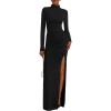 imageBTFBM Womens Formal Dresses 2025 Fall Long Sleeve Mock Neck Ruched Bodycon Slit Maxi Wedding Guest Cocktail DressBlack