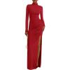 imageBTFBM Womens Formal Dresses 2025 Fall Long Sleeve Mock Neck Ruched Bodycon Slit Maxi Wedding Guest Cocktail DressRed