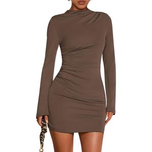 imageBTFBM Fall Dresses for Women 2025 Fashion Bodycon Bell Long Sleeve Mock Neck Party Club Outfits Going Out Mini DressBrown
