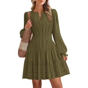 imageBTFBM Mini Dresses for Women 2025 Casual Lightweight Long Sleeve V Neck A Line Elastic Waist Party Holiday DressArmy Green
