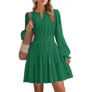imageBTFBM Mini Dresses for Women 2025 Casual Lightweight Long Sleeve V Neck A Line Elastic Waist Party Holiday DressDark Green