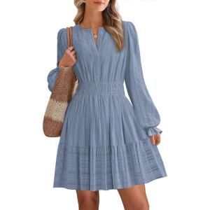 imageBTFBM Mini Dresses for Women 2025 Casual Lightweight Long Sleeve V Neck A Line Elastic Waist Party Holiday DressDusty Blue