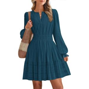 imageBTFBM Mini Dresses for Women 2025 Casual Lightweight Long Sleeve V Neck A Line Elastic Waist Party Holiday DressLake Blue