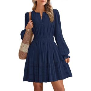 imageBTFBM Mini Dresses for Women 2025 Casual Lightweight Long Sleeve V Neck A Line Elastic Waist Party Holiday DressNavy