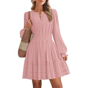 imageBTFBM Mini Dresses for Women 2025 Casual Lightweight Long Sleeve V Neck A Line Elastic Waist Party Holiday DressPink