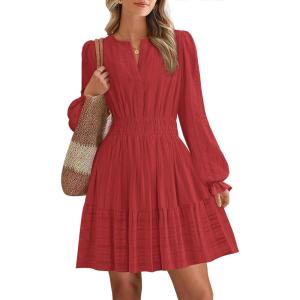 imageBTFBM Mini Dresses for Women 2025 Casual Lightweight Long Sleeve V Neck A Line Elastic Waist Party Holiday DressRed