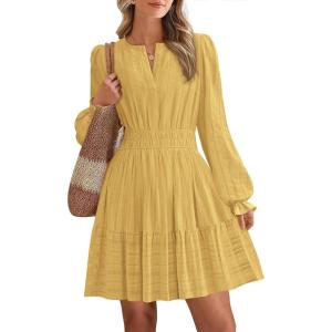 imageBTFBM Mini Dresses for Women 2025 Casual Lightweight Long Sleeve V Neck A Line Elastic Waist Party Holiday DressYellow