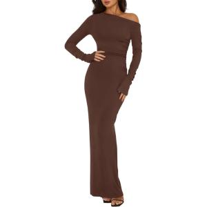 imageBTFBM One Shoulder Long Sleeve Dresses for Women Fall 2025 Bodycon Ruched Night Out Cocktail Wedding Guest Maxi DressBrown