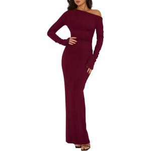 imageBTFBM One Shoulder Long Sleeve Dresses for Women Fall 2025 Bodycon Ruched Night Out Cocktail Wedding Guest Maxi DressBurgundy