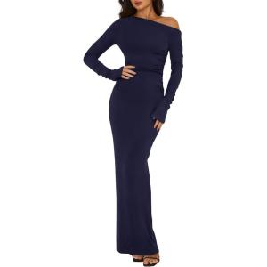 imageBTFBM One Shoulder Long Sleeve Dresses for Women Fall 2025 Bodycon Ruched Night Out Cocktail Wedding Guest Maxi DressNavy Blue