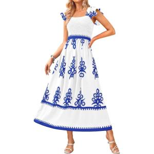 imageBTFBM Summer Dresses for Women 2025 Floral Smocked Boho Sleeveless Square Neck A Line Casual Beach Maxi Dress PocketsWhite Blue