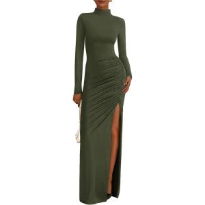 imageBTFBM Womens Formal Dresses 2025 Fall Long Sleeve Mock Neck Ruched Bodycon Slit Maxi Wedding Guest Cocktail DressArmy Green