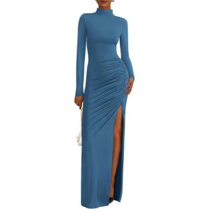 imageBTFBM Womens Formal Dresses 2025 Fall Long Sleeve Mock Neck Ruched Bodycon Slit Maxi Wedding Guest Cocktail DressBlue