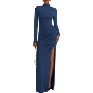 imageBTFBM Womens Formal Dresses 2025 Fall Long Sleeve Mock Neck Ruched Bodycon Slit Maxi Wedding Guest Cocktail DressDark Blue