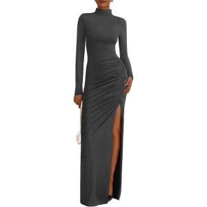 imageBTFBM Womens Formal Dresses 2025 Fall Long Sleeve Mock Neck Ruched Bodycon Slit Maxi Wedding Guest Cocktail DressDark Grey