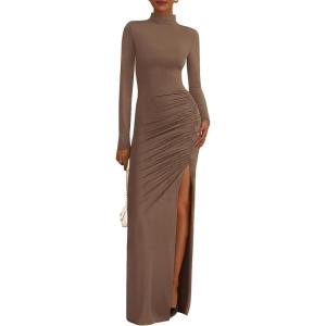 imageBTFBM Womens Formal Dresses 2025 Fall Long Sleeve Mock Neck Ruched Bodycon Slit Maxi Wedding Guest Cocktail DressKhaki