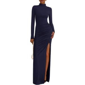 imageBTFBM Womens Formal Dresses 2025 Fall Long Sleeve Mock Neck Ruched Bodycon Slit Maxi Wedding Guest Cocktail DressNavy Blue