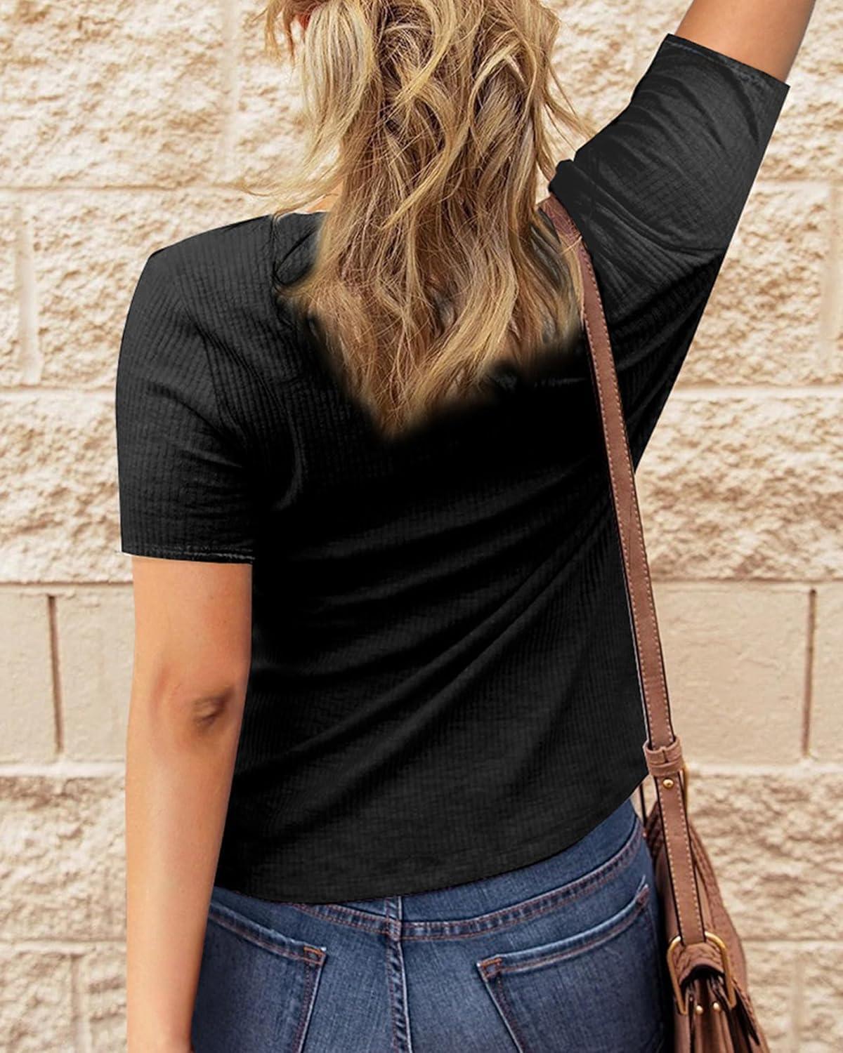imageBTFBM Women 2025 Summer Henley Tunic Top V Neck Short Sleeve Button UP Solid Slim Fit Casual Ribbed Knit Shirt BlousesBlack