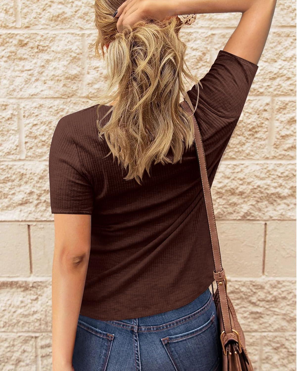 imageBTFBM Women 2025 Summer Henley Tunic Top V Neck Short Sleeve Button UP Solid Slim Fit Casual Ribbed Knit Shirt BlousesBrown