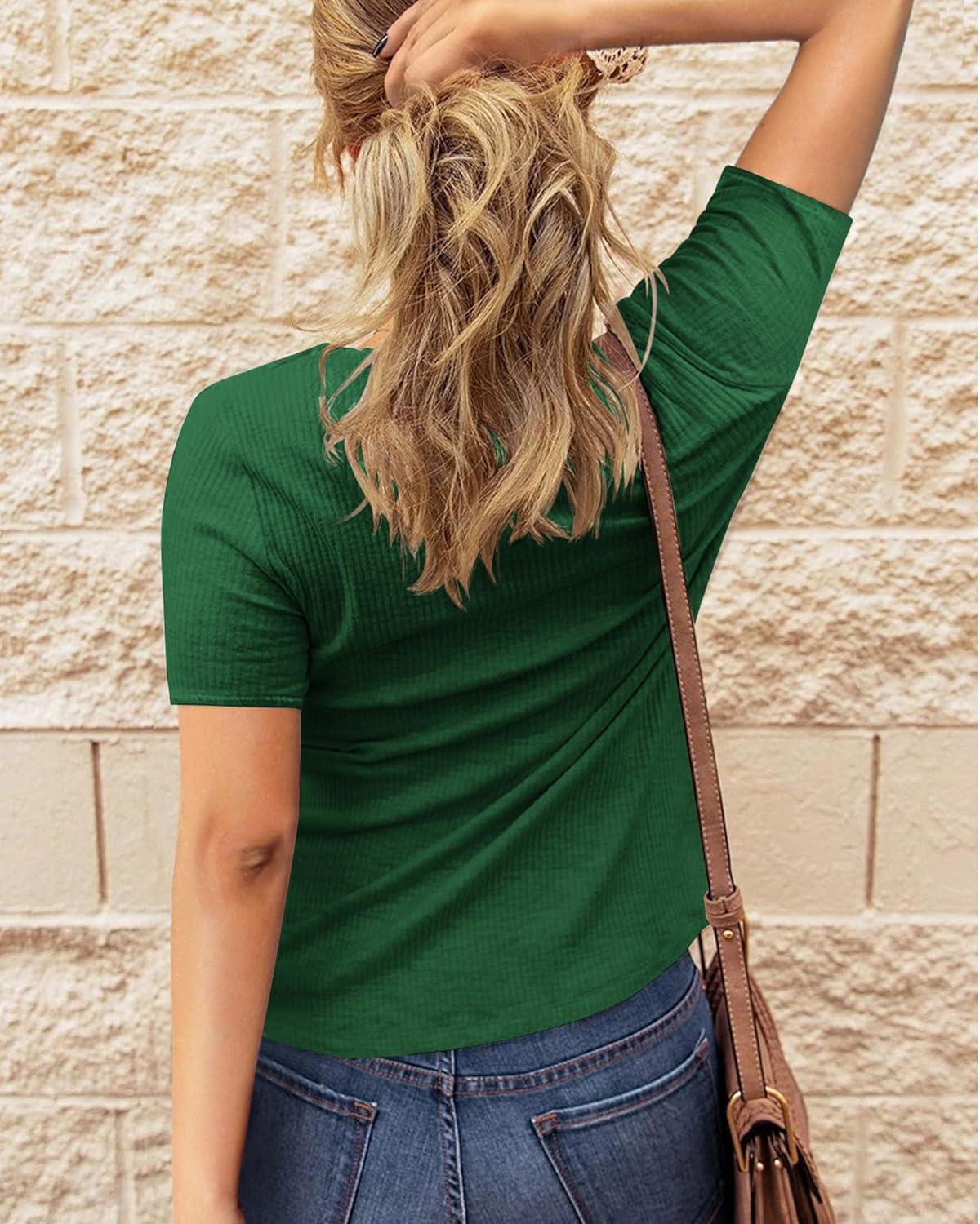 imageBTFBM Women 2025 Summer Henley Tunic Top V Neck Short Sleeve Button UP Solid Slim Fit Casual Ribbed Knit Shirt BlousesDark Green