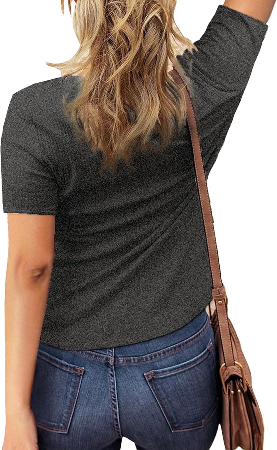 imageBTFBM Women 2025 Summer Henley Tunic Top V Neck Short Sleeve Button UP Solid Slim Fit Casual Ribbed Knit Shirt BlousesGrey