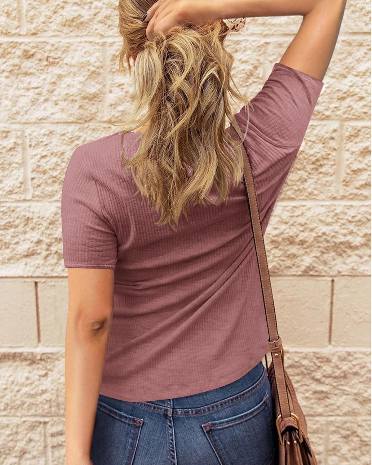 imageBTFBM Women 2025 Summer Henley Tunic Top V Neck Short Sleeve Button UP Solid Slim Fit Casual Ribbed Knit Shirt BlousesGrey Pink