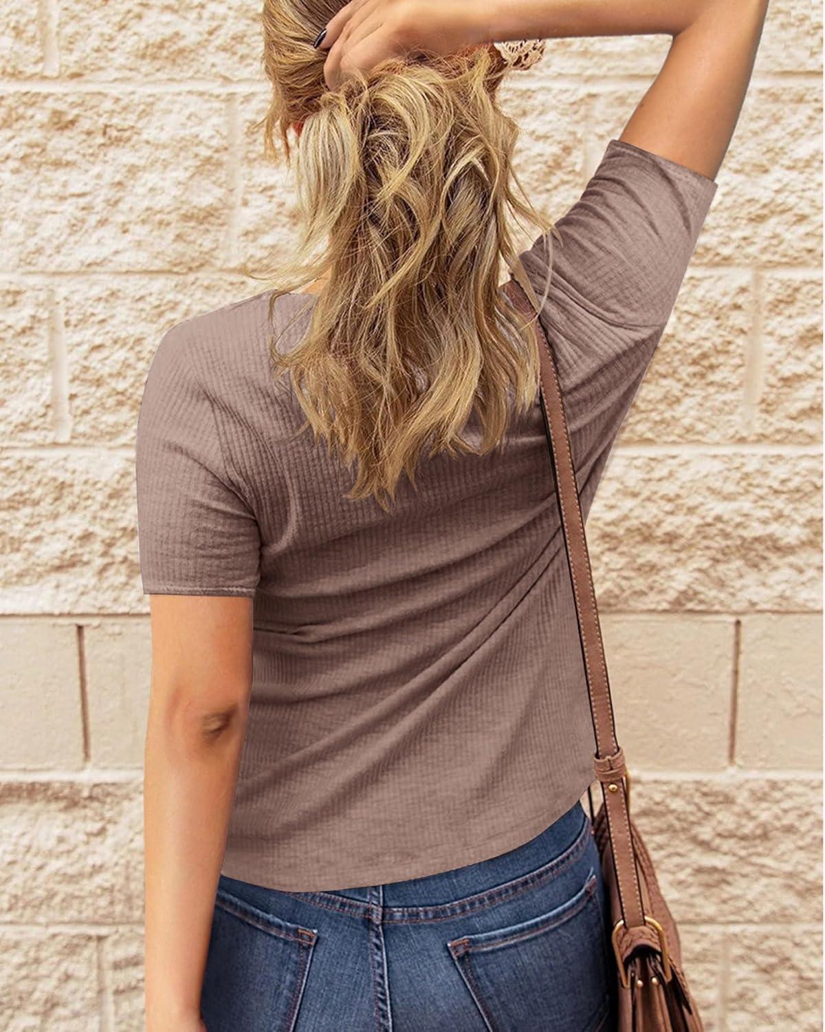 imageBTFBM Women 2025 Summer Henley Tunic Top V Neck Short Sleeve Button UP Solid Slim Fit Casual Ribbed Knit Shirt BlousesLight Coffee
