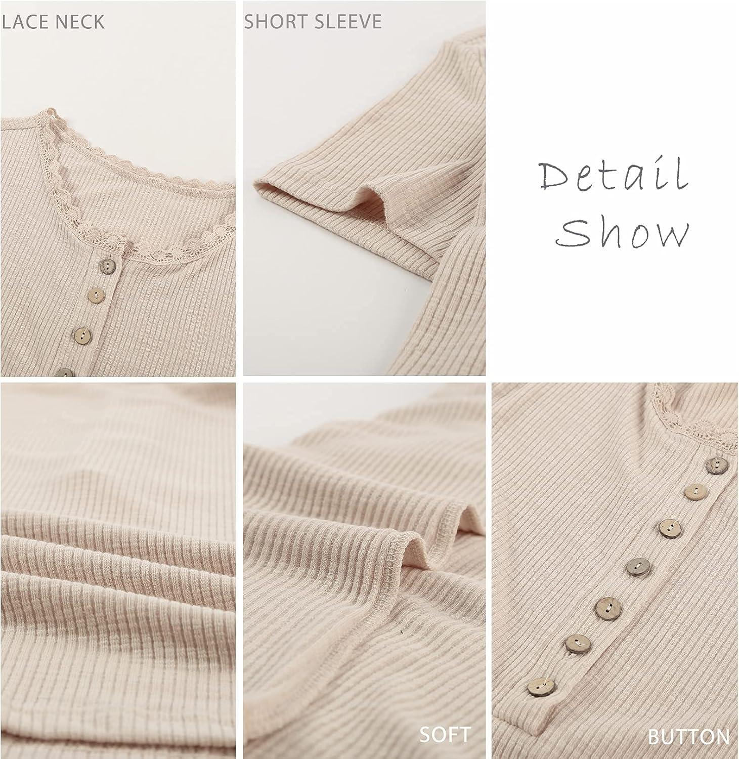 imageBTFBM Women 2025 Summer Henley Tunic Top V Neck Short Sleeve Button UP Solid Slim Fit Casual Ribbed Knit Shirt BlousesWhite