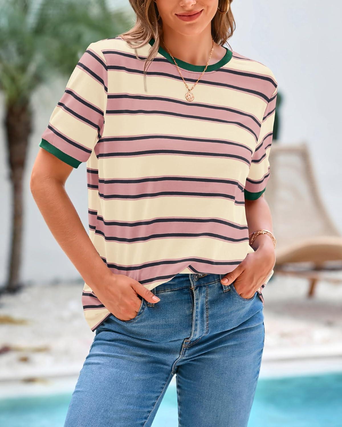 imageBTFBM Womens Summer Tops 2025 Crewneck Short Sleeve Striped T Shirts Casual Loose Lightweight Color Block Basic TeePink Apricot