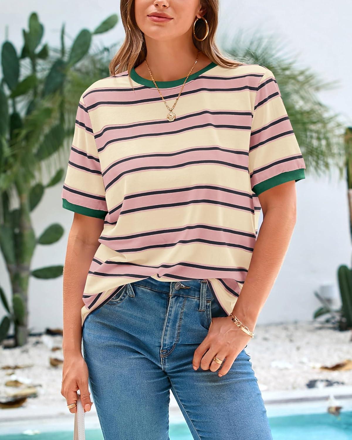imageBTFBM Womens Summer Tops 2025 Crewneck Short Sleeve Striped T Shirts Casual Loose Lightweight Color Block Basic TeePink Apricot
