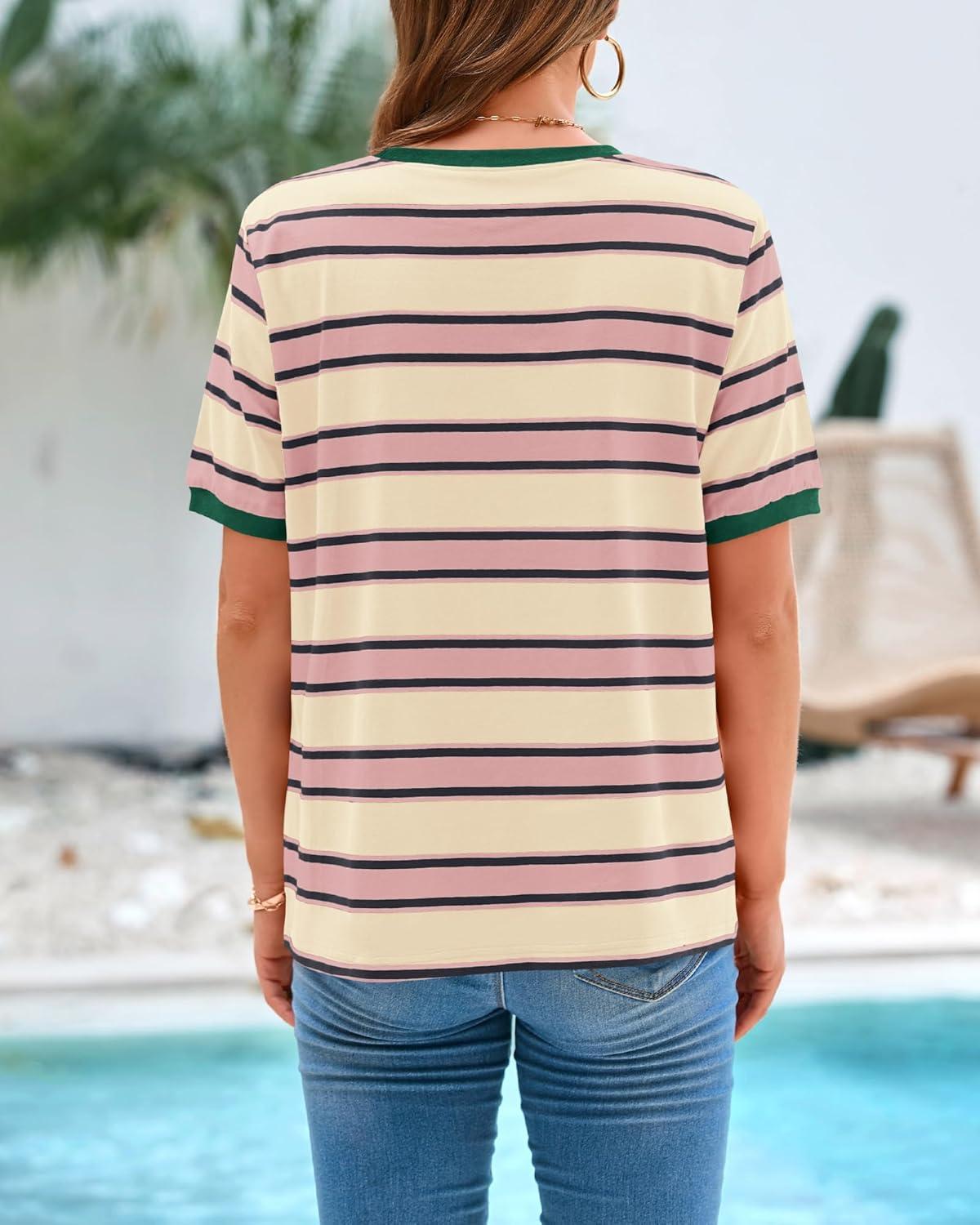 imageBTFBM Womens Summer Tops 2025 Crewneck Short Sleeve Striped T Shirts Casual Loose Lightweight Color Block Basic TeePink Apricot