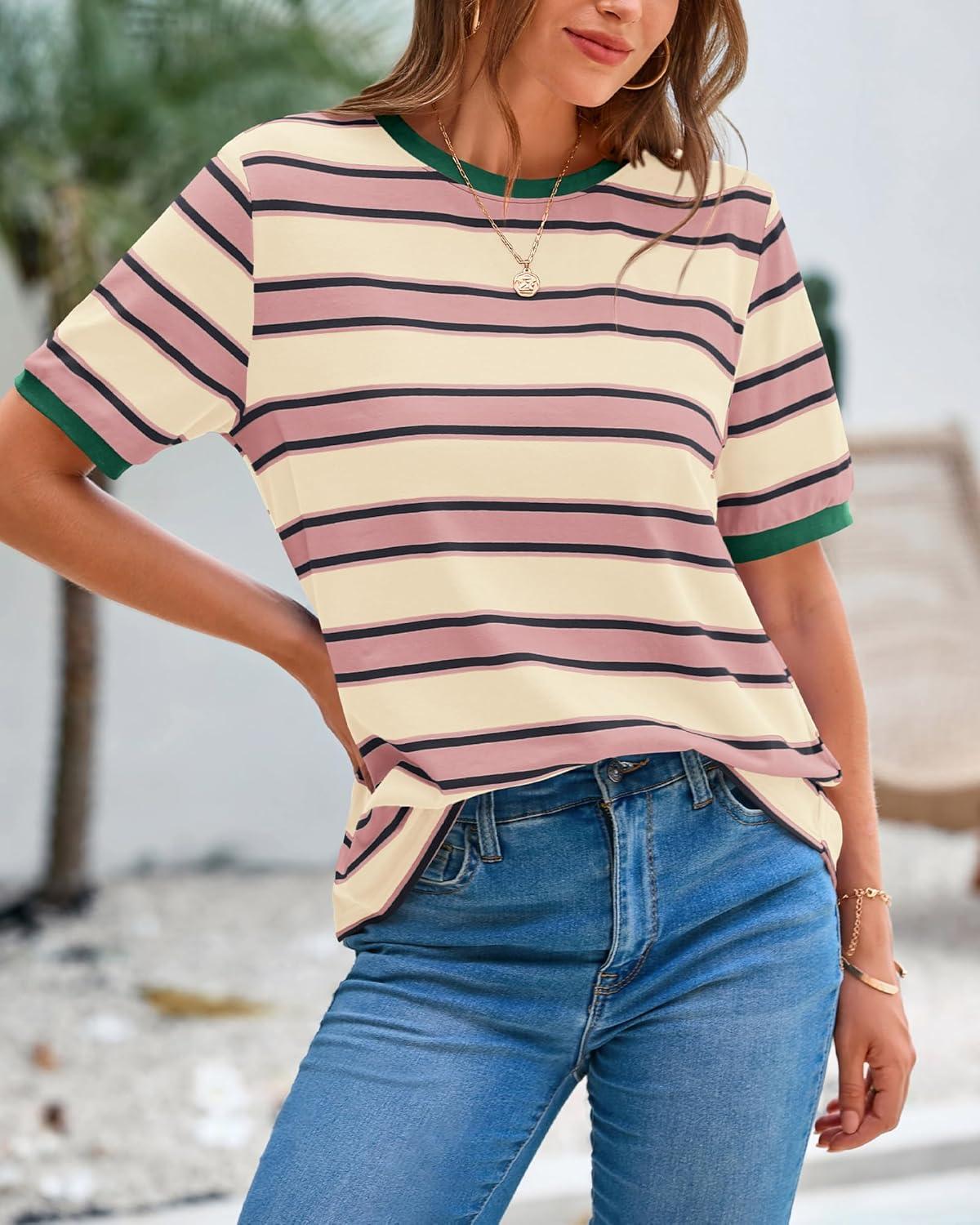 imageBTFBM Womens Summer Tops 2025 Crewneck Short Sleeve Striped T Shirts Casual Loose Lightweight Color Block Basic TeePink Apricot