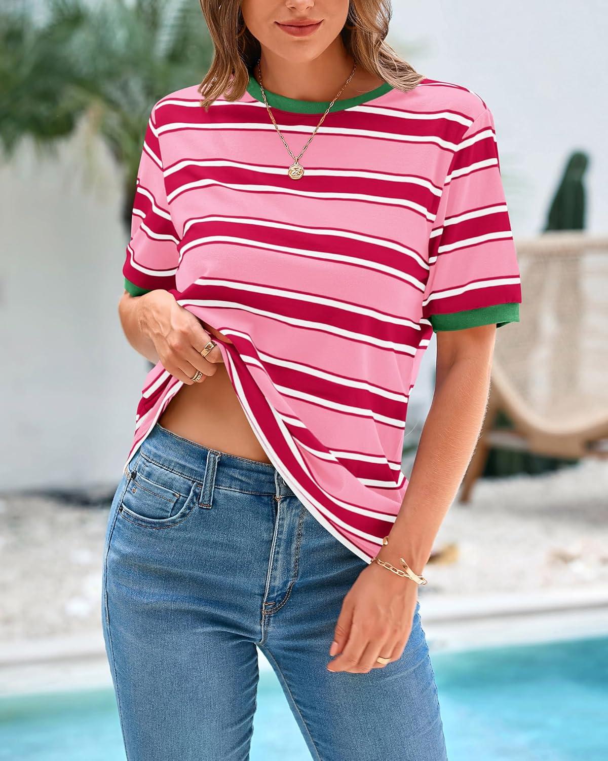 imageBTFBM Womens Summer Tops 2025 Crewneck Short Sleeve Striped T Shirts Casual Loose Lightweight Color Block Basic TeePink Rose Red