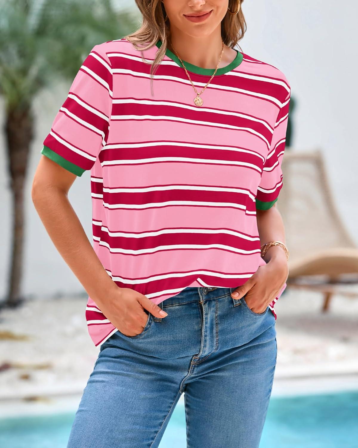 imageBTFBM Womens Summer Tops 2025 Crewneck Short Sleeve Striped T Shirts Casual Loose Lightweight Color Block Basic TeePink Rose Red