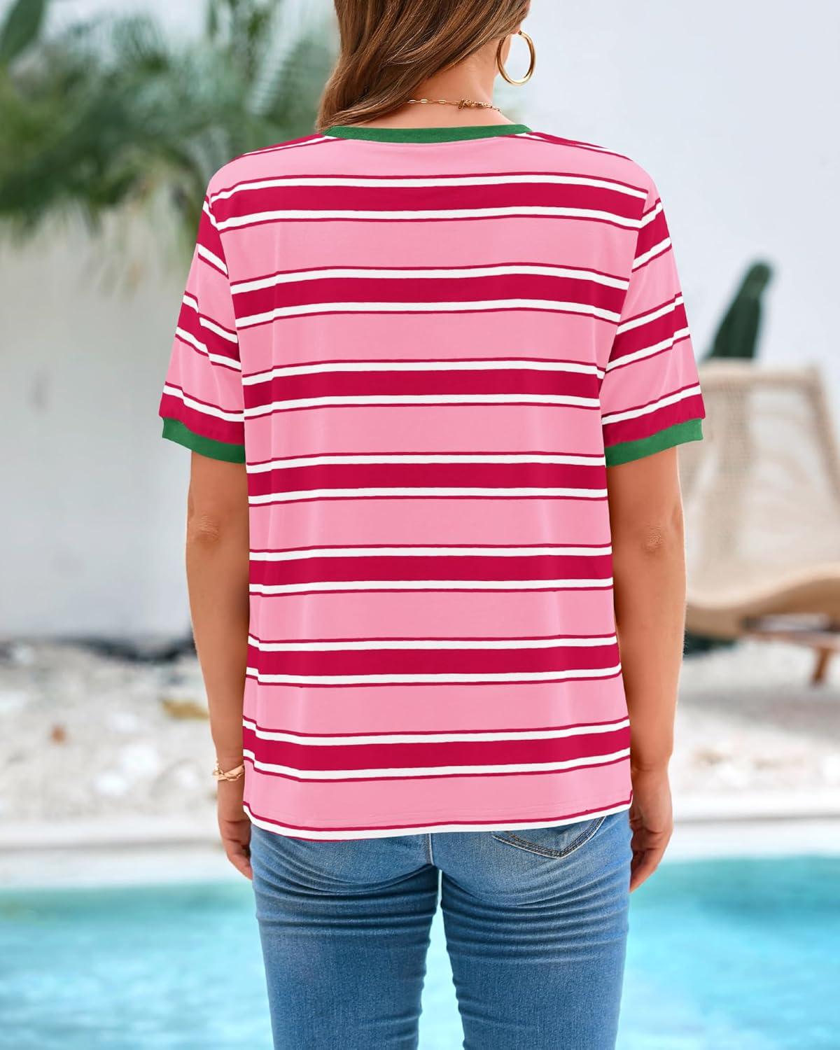 imageBTFBM Womens Summer Tops 2025 Crewneck Short Sleeve Striped T Shirts Casual Loose Lightweight Color Block Basic TeePink Rose Red