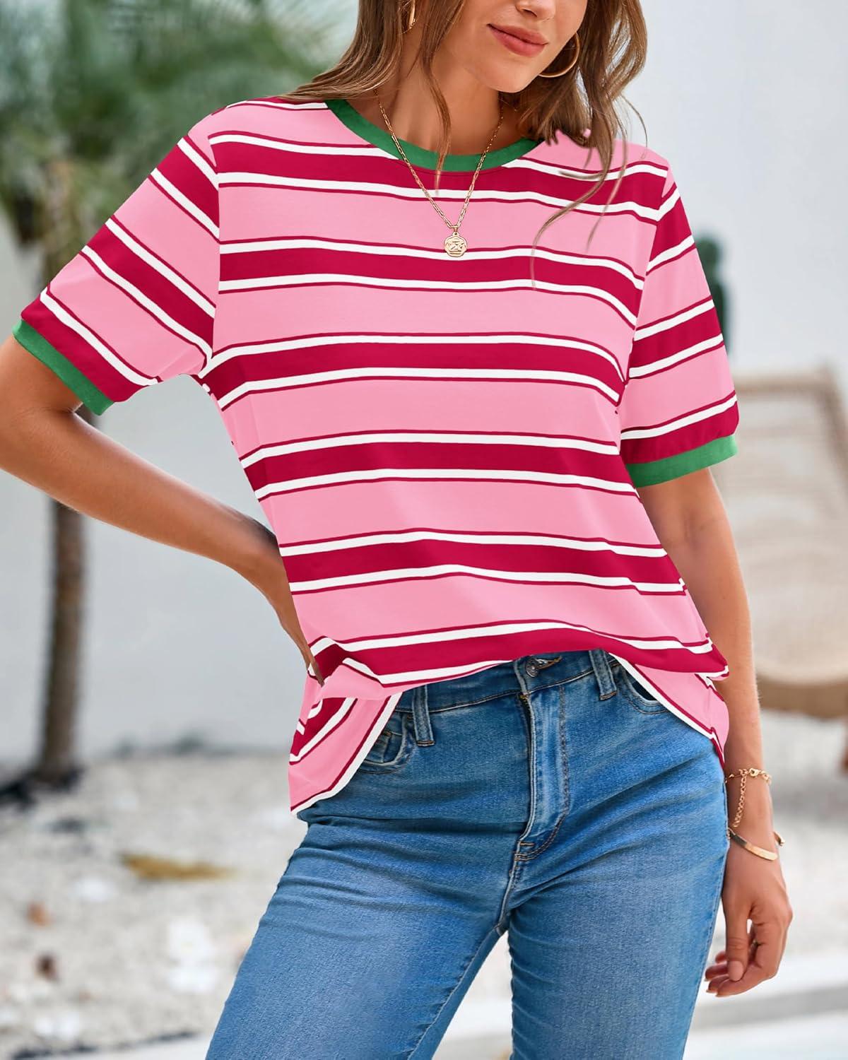 imageBTFBM Womens Summer Tops 2025 Crewneck Short Sleeve Striped T Shirts Casual Loose Lightweight Color Block Basic TeePink Rose Red