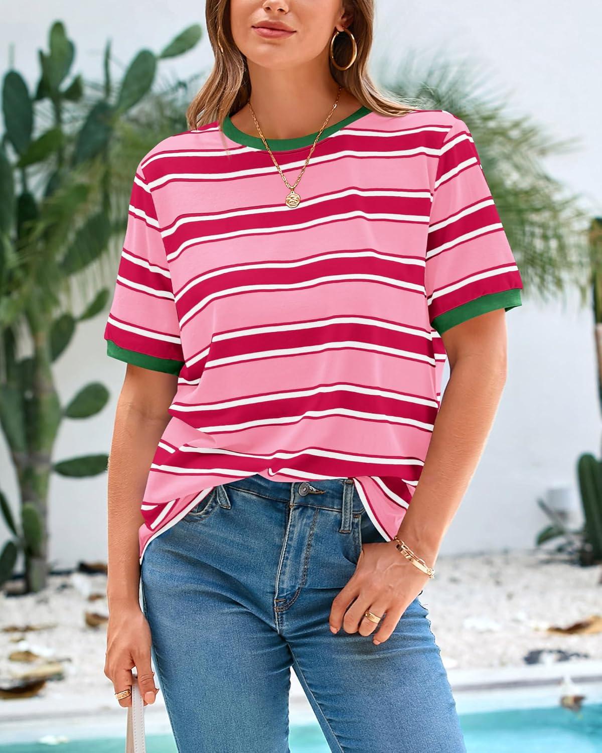 imageBTFBM Womens Summer Tops 2025 Crewneck Short Sleeve Striped T Shirts Casual Loose Lightweight Color Block Basic TeePink Rose Red