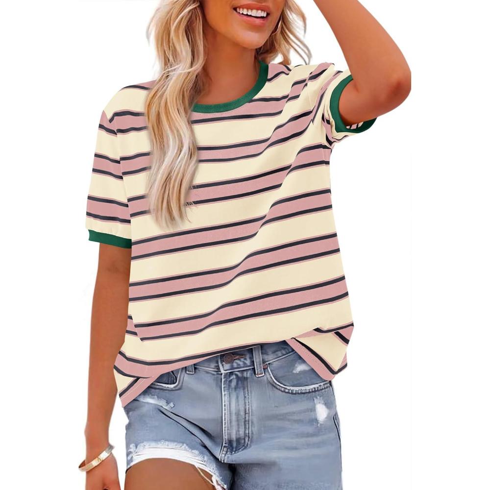 imageBTFBM Womens Summer Tops 2025 Crewneck Short Sleeve Striped T Shirts Casual Loose Lightweight Color Block Basic TeePink Apricot