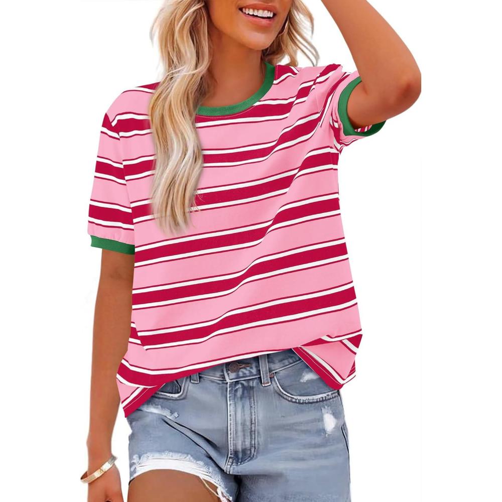 imageBTFBM Womens Summer Tops 2025 Crewneck Short Sleeve Striped T Shirts Casual Loose Lightweight Color Block Basic TeePink Rose Red