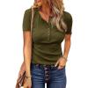 imageBTFBM Women 2025 Summer Henley Tunic Top V Neck Short Sleeve Button UP Solid Slim Fit Casual Ribbed Knit Shirt BlousesArmy Green
