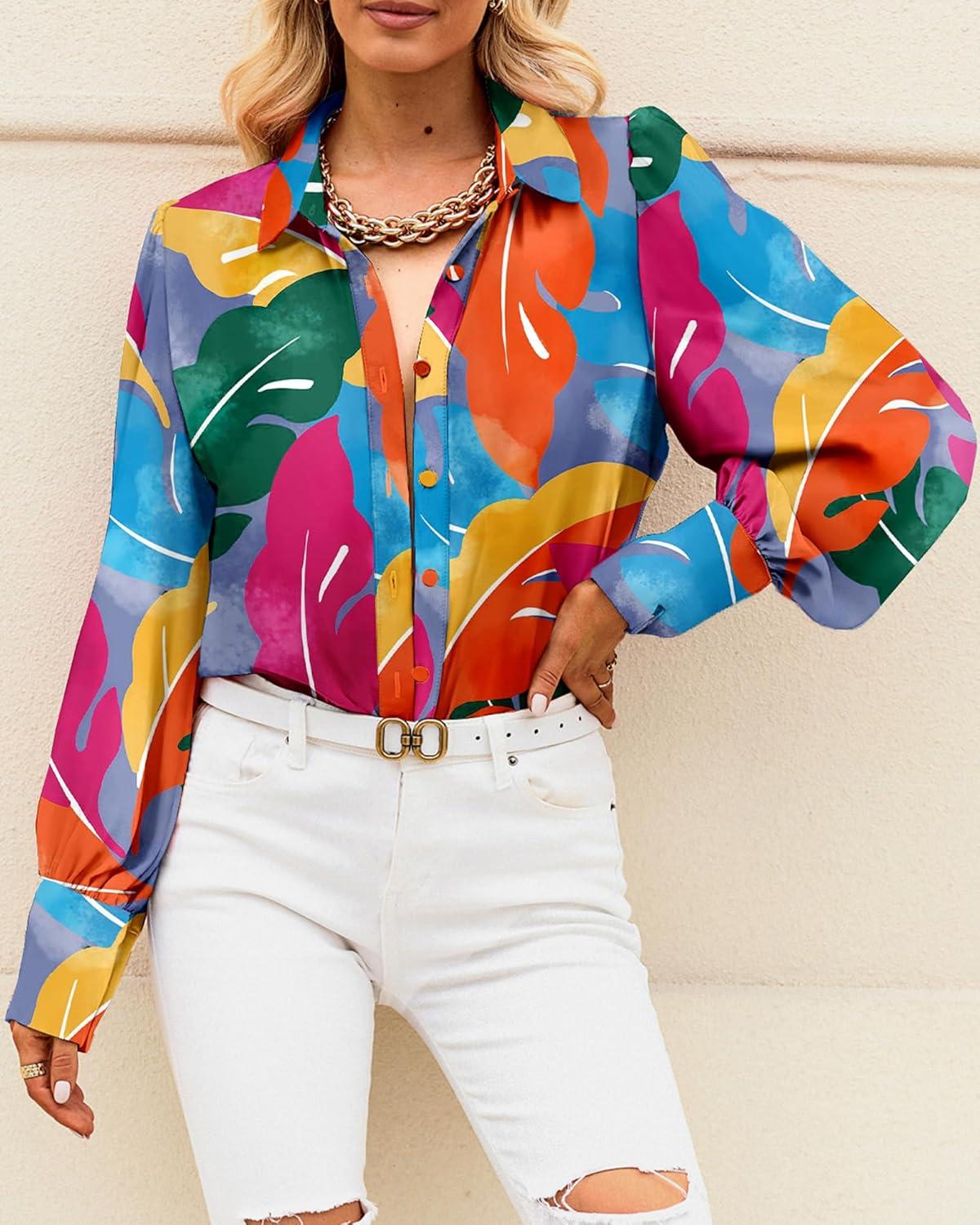 imageBTFBM Women Fashion Button Down Shirts V Neck Printed Solid Boho Long Sleeve Blouses Dressy Casual Summer Fall TopsMulticolored