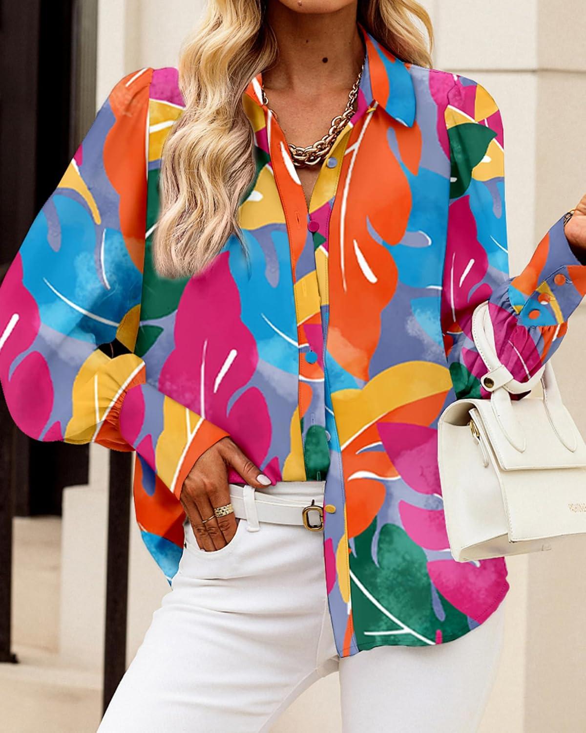 imageBTFBM Women Fashion Button Down Shirts V Neck Printed Solid Boho Long Sleeve Blouses Dressy Casual Summer Fall TopsMulticolored