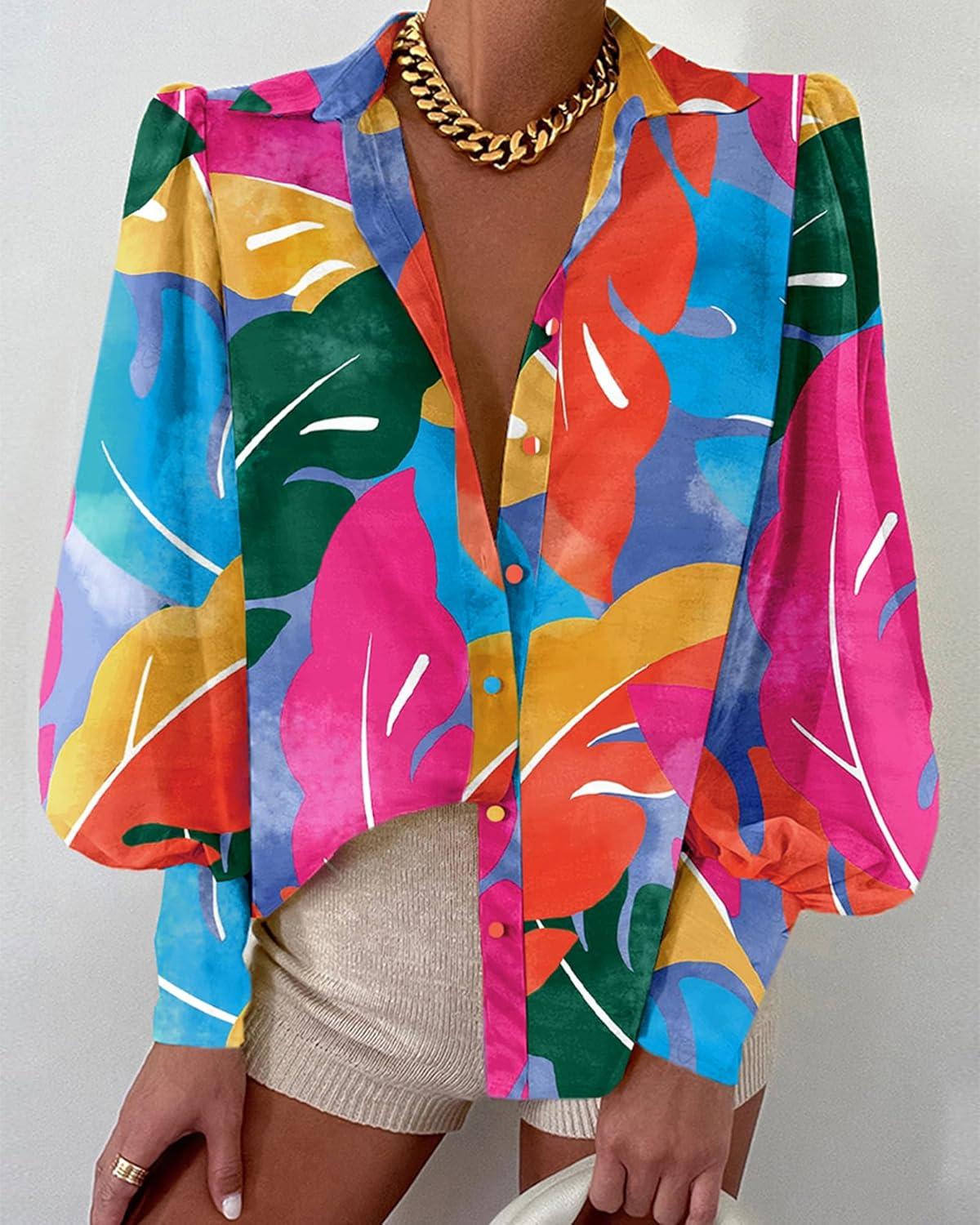 imageBTFBM Women Fashion Button Down Shirts V Neck Printed Solid Boho Long Sleeve Blouses Dressy Casual Summer Fall TopsMulticolored