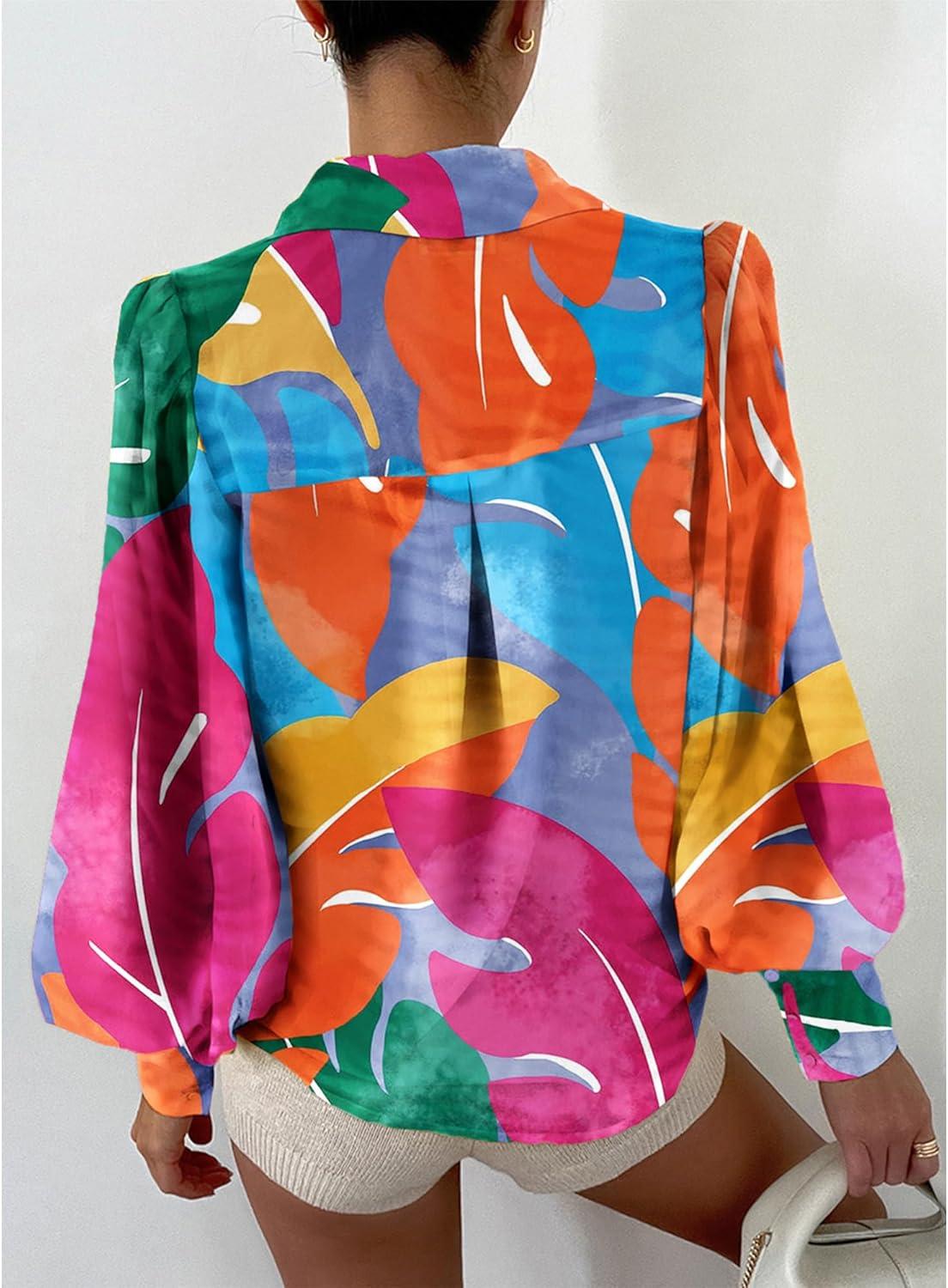 imageBTFBM Women Fashion Button Down Shirts V Neck Printed Solid Boho Long Sleeve Blouses Dressy Casual Summer Fall TopsMulticolored