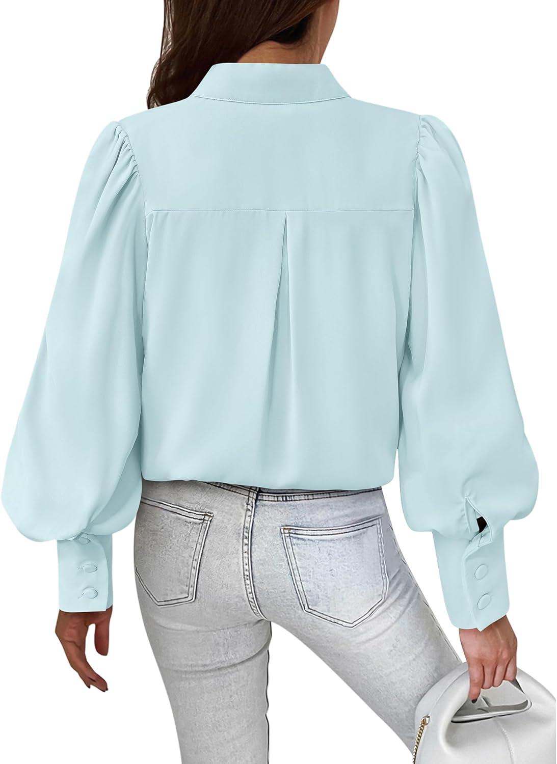 imageBTFBM Women Fashion Button Down Shirts V Neck Printed Solid Boho Long Sleeve Blouses Dressy Casual Summer Fall TopsSolid Light Blue